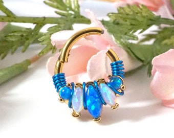 16 Gauge Yellow Gold White and Blue Marquise Fire Opal Septum Clicker Daith Earring Rook Earring