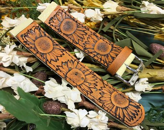 Ready to ship - Tooled Leather Watch Band Sunflowers Light Yellow