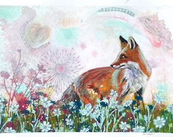 Fox In Flower Field Mixed Media Painting