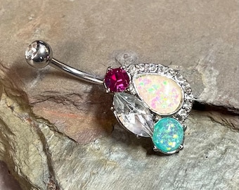Hot Pink, Teal and White Opal Belly Button Navel Rings
