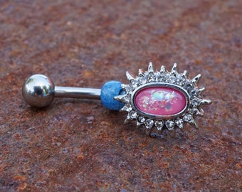 Pink Opal Sunburst Silver Belly Button Navel Rings