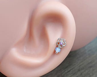 Pink Opal Flower Silver Tragus Cartilage Helix Earring Piercing 16g