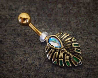 Egyptian Feather Navel Ring Abalone Shell Gold Belly Ring - Gift Under 20