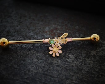 Spring Flowers Yellow Gold Industrial Barbell 14g 16g Scaffold