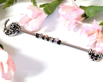 Owl and Moon Skeleton Key Industrial Barbell Scaffold Piercing