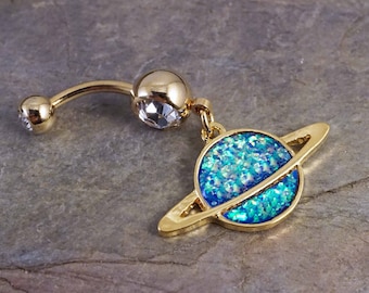 Saturn 14kt Gold Opal Belly Button Ring