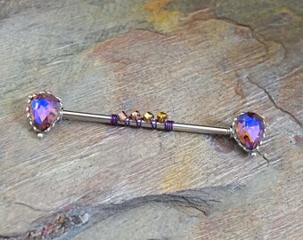 Purple CZ Teardrop Industrial Barbell 14g