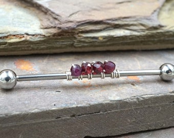 Red Garnet Gemstone Beaded Industrial Barbell 14g 16g