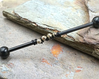 Pyrite Gemstone Beaded Industrial Barbell 14g 16g Fools Gold