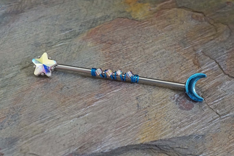 Blue Celestial Moon Industrial Barbell 14g Scaffold Aurora Borealis Crystal Star