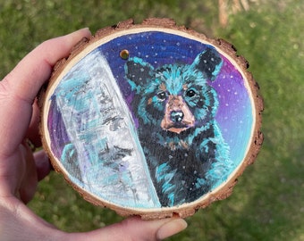 Black Bear Birch Tree Wood Slice Ornament - Ready To Ship - Bear Art