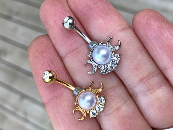 Crescent Moon Pearl Gold Belly Button Ring -  Denmark