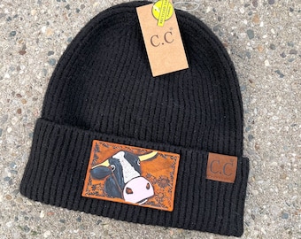 Holstein Cow Bull Tooled Leather Black Beanie Hat Unisex Winter Hat