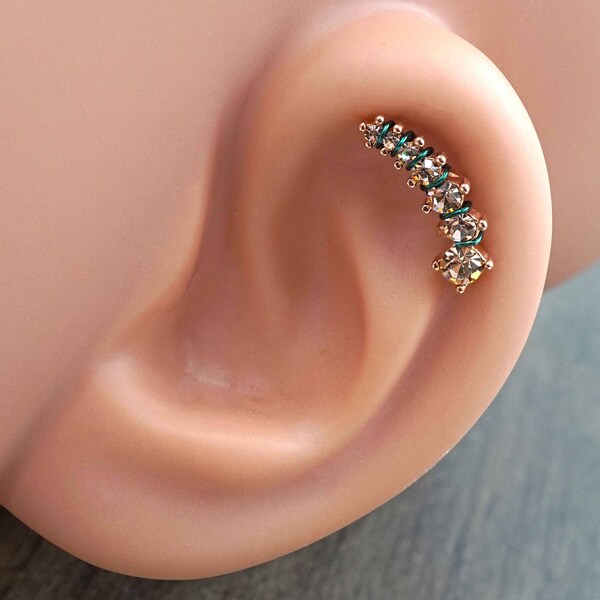 14kt Rose Gold Cartilage Earring Cartilage Stud Champagne Cascading Crystals