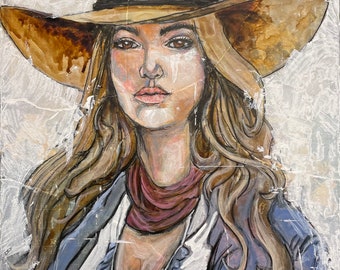 Classic Cowgirl Mixed Media Art Painting
