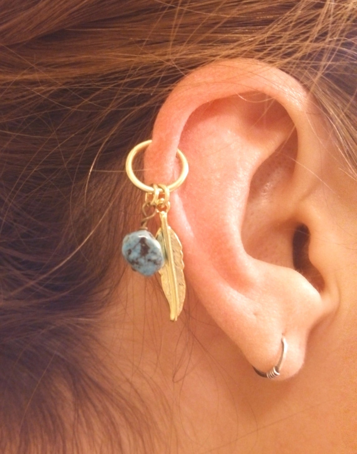 Turquoise Gold Cartilage Hoop Feather Earring Boho Tragus Etsy