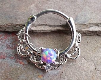 16 Gauge Purple Opal Septum Hoop Clicker