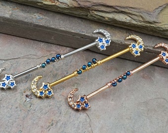 Crescent Moon and Stars Industrial Barbell Silver, Gold or Rose Gold