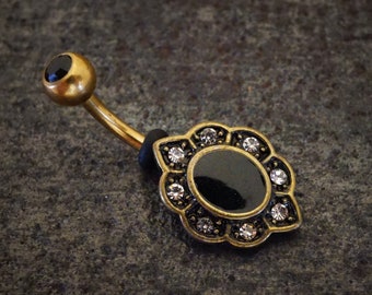 Black Floral Gold Belly Ring - Gift Under 20