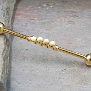 14 Gauge or 16 Gauge Industrial Barbell Creamy White Beaded Gold, Silver, or Rose Gold