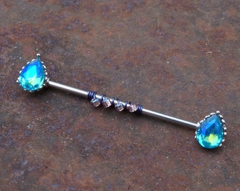 Aqua Blue CZ Teardrop Industrial Barbell 14g