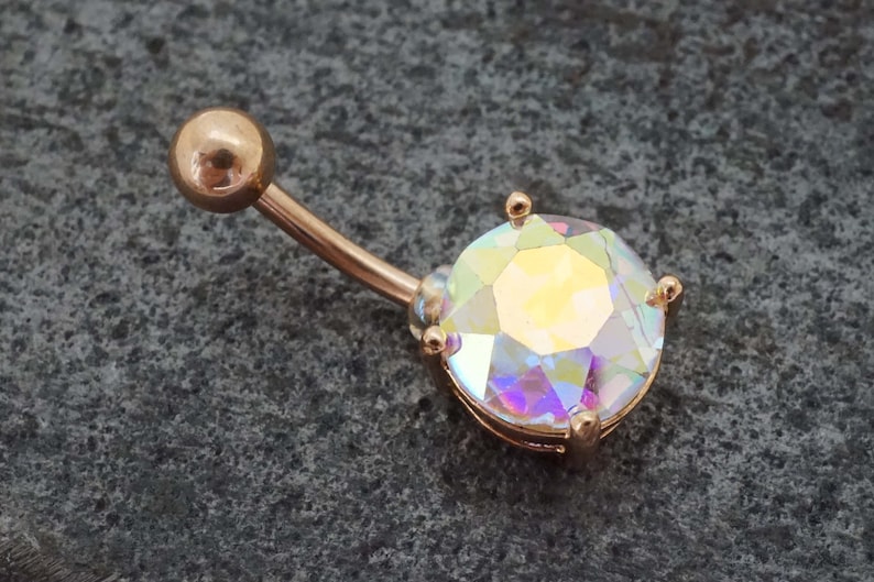 Gift Under 20 Round AB Aurora Borealis Rose Gold Belly Ring