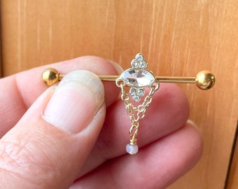 CZ Oval Gem and Dangling Chain Yellow Gold Industrial Barbell