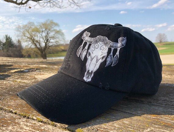 Distressed Black Trucker Hat With Cow 