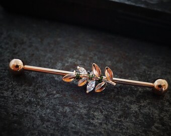 CZ Leaf Rose Gold Industrial Barbell 14g 16g Scaffold