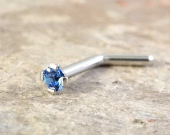 18g or 20g Tiny Cobalt Blue Crystal L Bend Nose Bone Stud