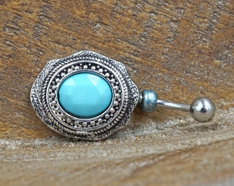 Short Belly Ring - Blue Concho Southwestern Belly Button Ring - Gift For Teens - Gift under 15