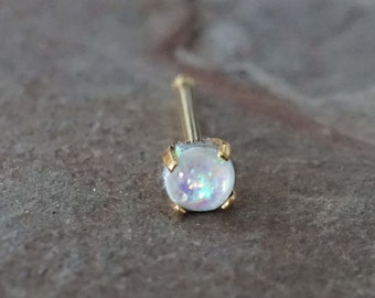 White Opal Gold Nose Ring Tiny Gold Nose Stud Prong Set