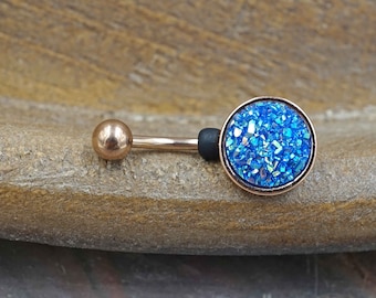 Blue Druzy Round Rose Gold Belly Button Ring - Short Belly Button Ring