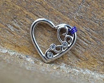 16 Gauge Crystal Scroll Silver Heart Daith Rook Hoop Ring Daith