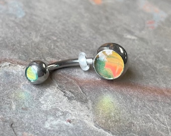 Green Iridescent Stone 316L Surgical Steel Belly Button Ring