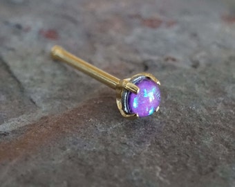 Purple Opal Gold Nose Ring Tiny Gold Nose Stud Prong Set