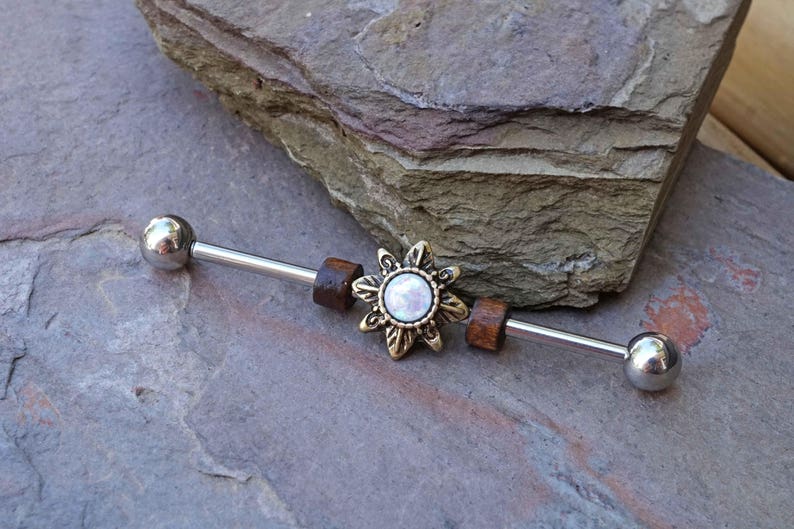 16g 14g Gold Tribal Sun Opal Industrial Barbell Scaffold Piercing