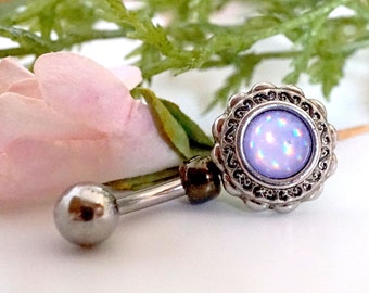 Purple Illuminating Stone Flower 316L Surgical Steel Belly Button Navel Ring