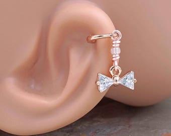 Crystal Bow Beaded Rose Gold Stud Cartilage Hoop Earring Piercing 16g