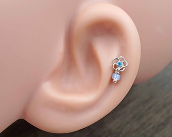 Blue Flower 16g Cartilage Tragus Helix Earring Internally Threaded