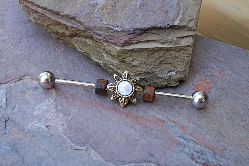 16g 14g Gold Tribal Sun Opal Industrial Barbell Scaffold Piercing
