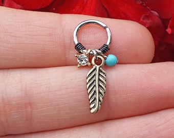 16g 18g Two Tone Gold Feather and Turquoise Daith Piercing Rook Earring Hoop Cartilage Helix Hoop