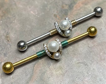 Double Pearl and CZ Horseshoe Industrial Barbell Silver or Gold