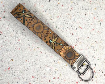 Ready to Ship Gold Dragonfly Sunflower Leather Keychain Wristlet - Tooled Leather Key Chain Loop Lanyard - Gift for Her