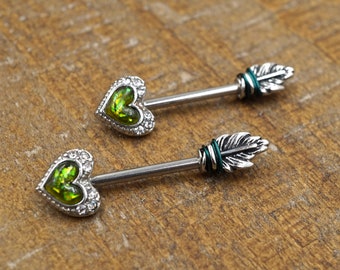 Green Opal Heart Arrowhead Nipple Ring Nipple Barbell