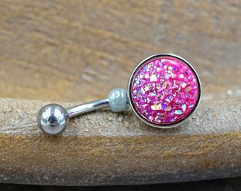 Hot Pink Druzy Round Belly Button Ring - Short Belly Button Ring