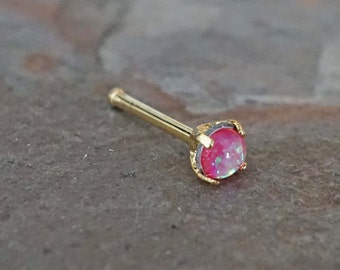 Pink Opal Gold Nose Ring Tiny Gold Nose Stud Prong Set