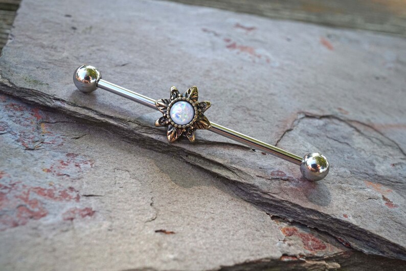 16g 14g Gold Tribal Sun Opal Industrial Barbell Scaffold Piercing