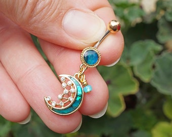 Gold Belly Rings Abalone Shell Crescent Moon Stars