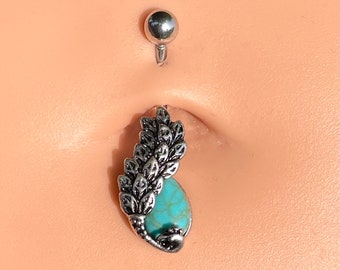 Peacock and Turquoise Silver Belly Button Ring